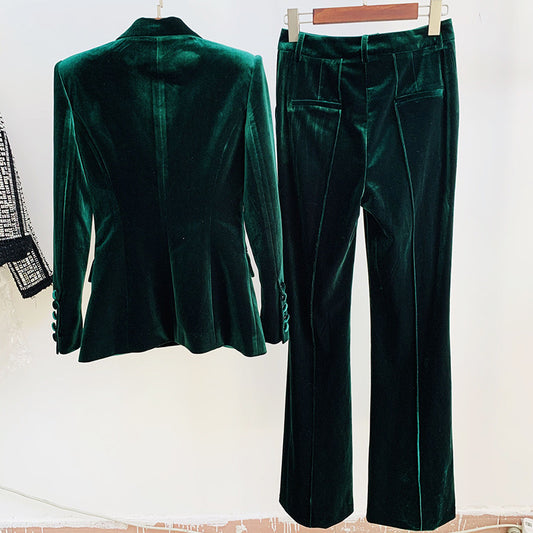 Elegant Velvet Suit Jacket And Fitted Flare Pants Set