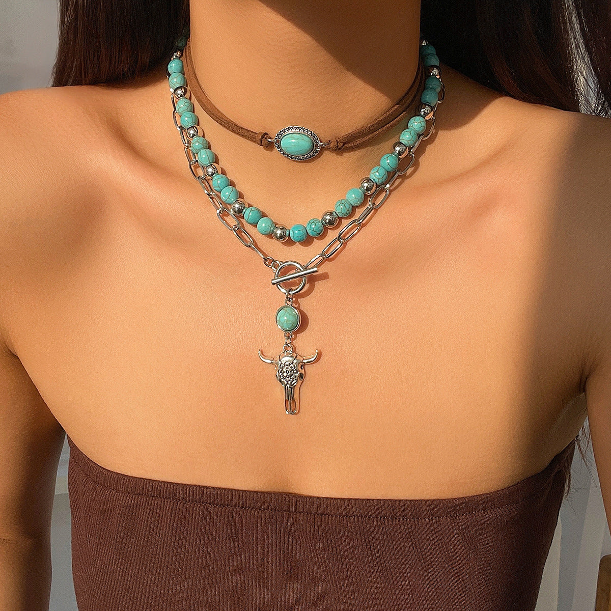 Vintage Turquoise Bull Head Choker Necklace Jewelry Set