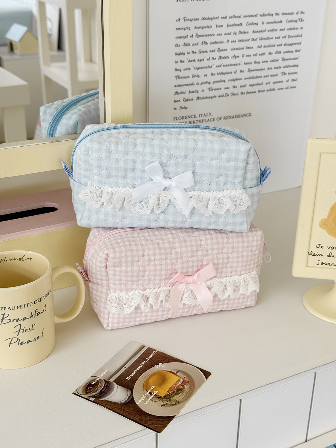 Pastel Blue Plaid Lace Makeup Bag Stylish Quilted Storage