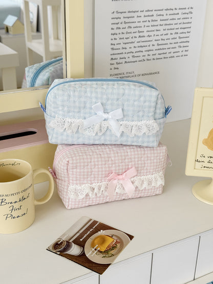 Pastel Blue Plaid Lace Makeup Bag Stylish Quilted Storage