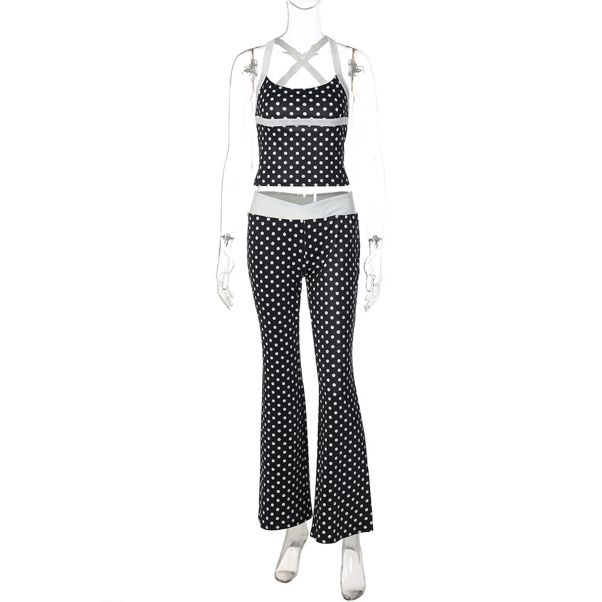 Trendy Polka Dot Sleeveless Top & Color Block Long Pants Set