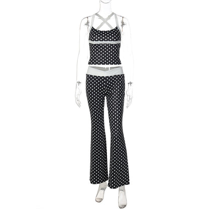 Trendy Polka Dot Sleeveless Top & Color Block Long Pants Set