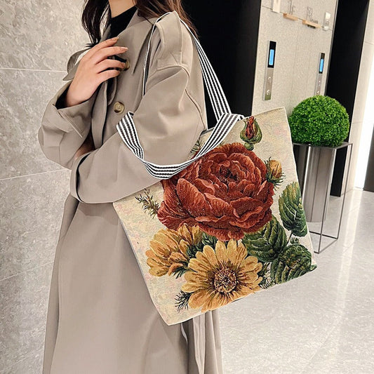 Large Capacity Tote Bag with Golden Embroidery Creative Pattern
