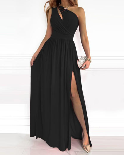 Women'S Oblique Shoulder Hollowed Out Temperament Commuter Gradient High Split Dress