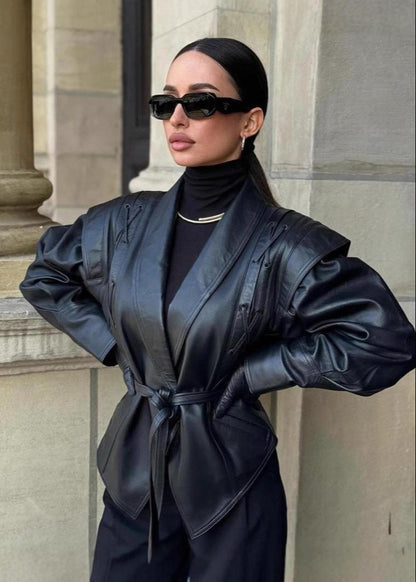 Lace Up Faux Leather Blazer With Sculpted Silhouette