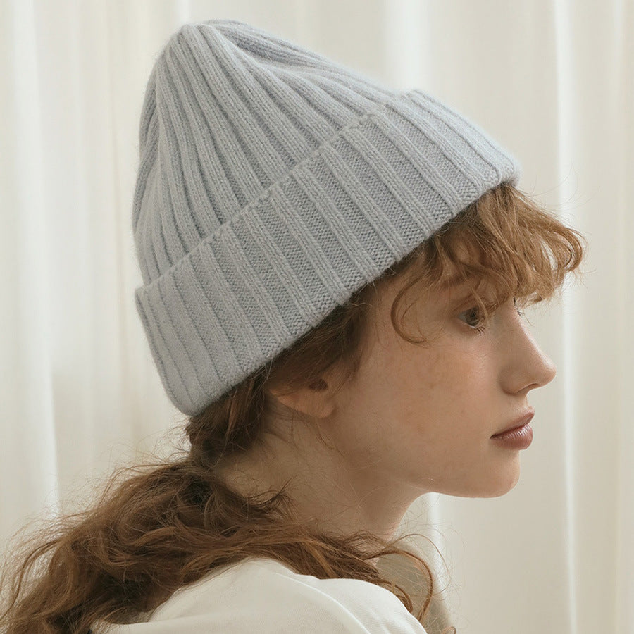 Classic Striped Knit Rabbit Fur Blend Beanie Hat
