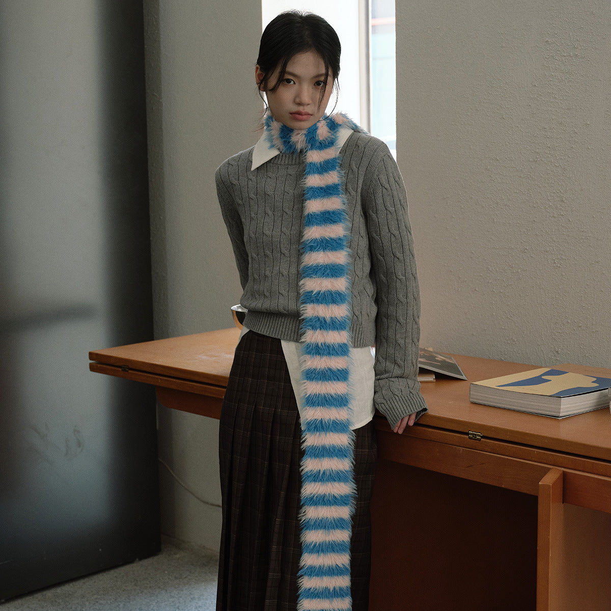 Knitted Striped Scarf Soft Faux Mink for Women