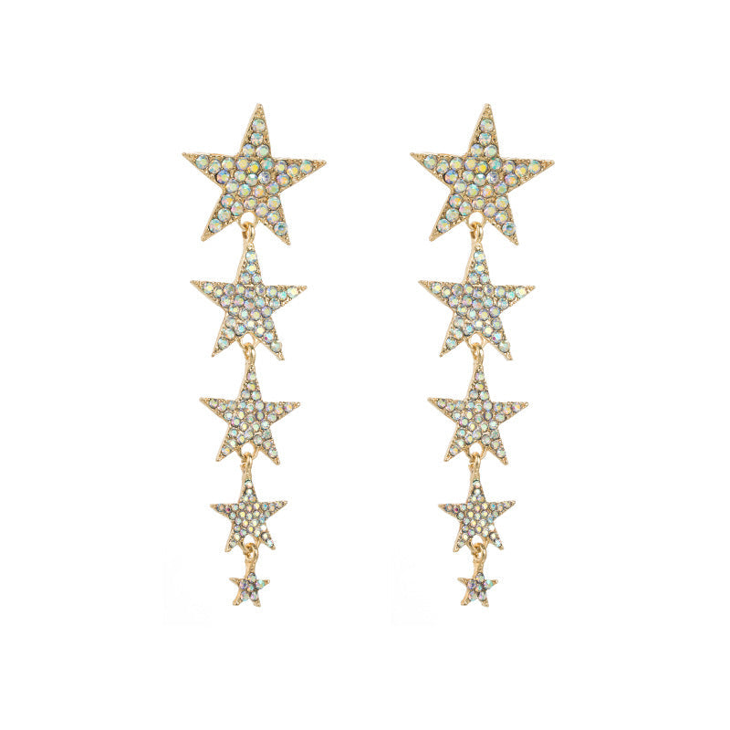 Star-Shaped Long Earrings with Multi-Layer Rhinestones