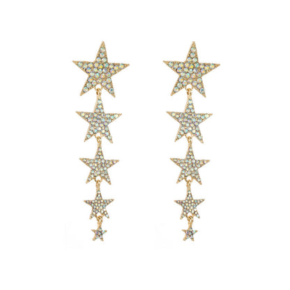 Star-Shaped Long Earrings with Multi-Layer Rhinestones