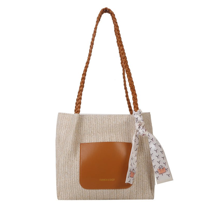 Woven Straw Tote Bag Stylish Casual Large Capacity Shoulder Bag