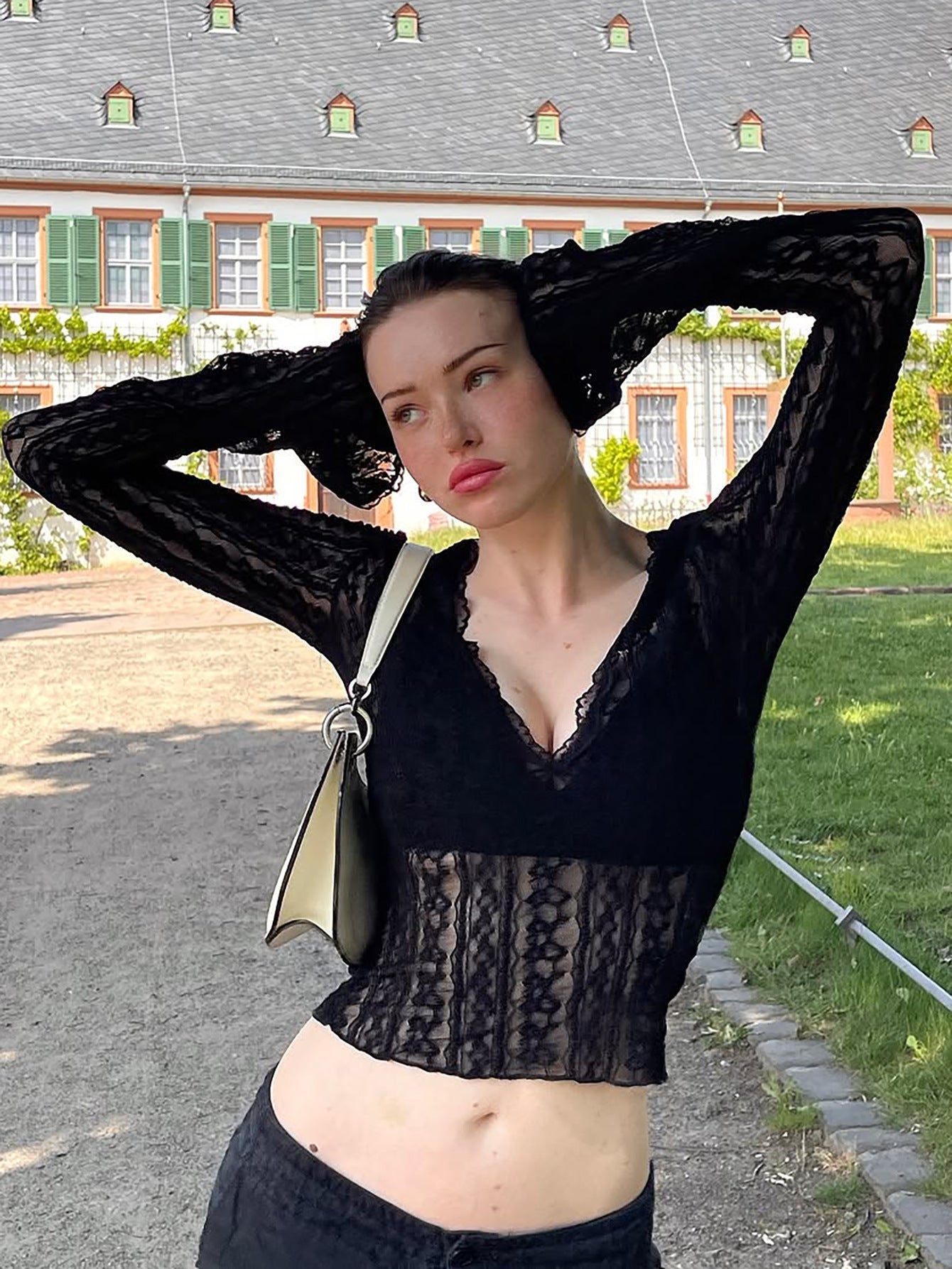 Sexy V-Neck Lace Trim Fitted Top