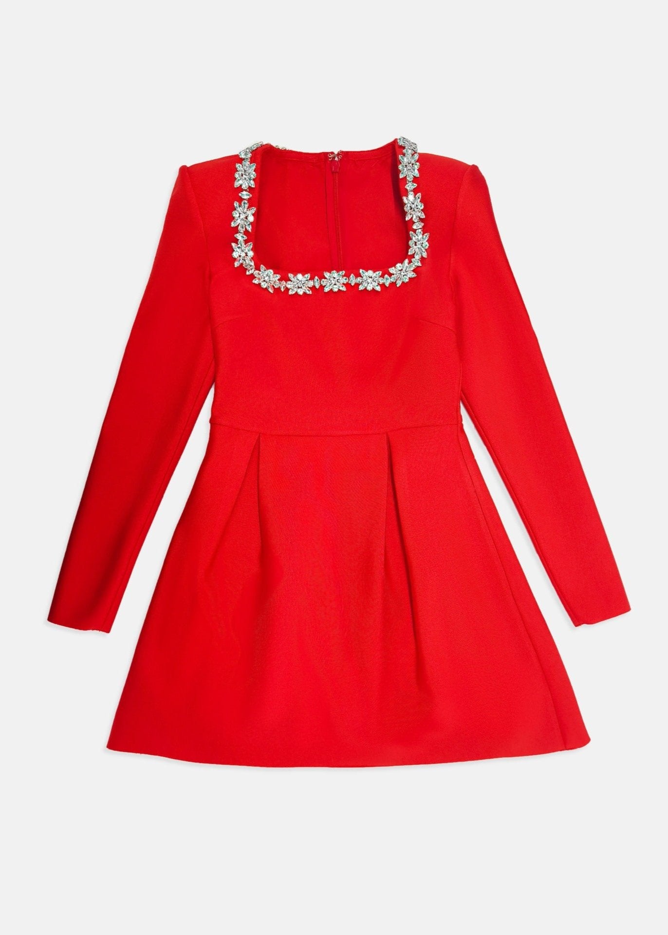 Floral Embellished Red Mini Dress With Long Sleeves