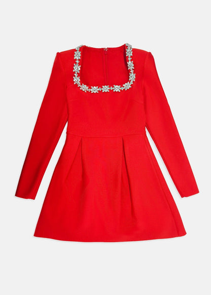 Floral Embellished Red Mini Dress With Long Sleeves