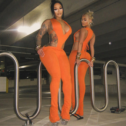 Trendy Deep V Neck Tie-Front Jumpsuit Slim Fit Outfit
