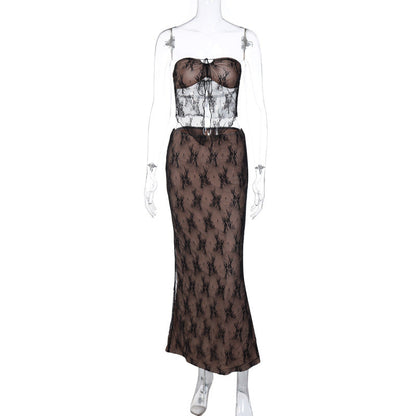 Sexy Lace Patchwork Bodycon Midi Dress Set
