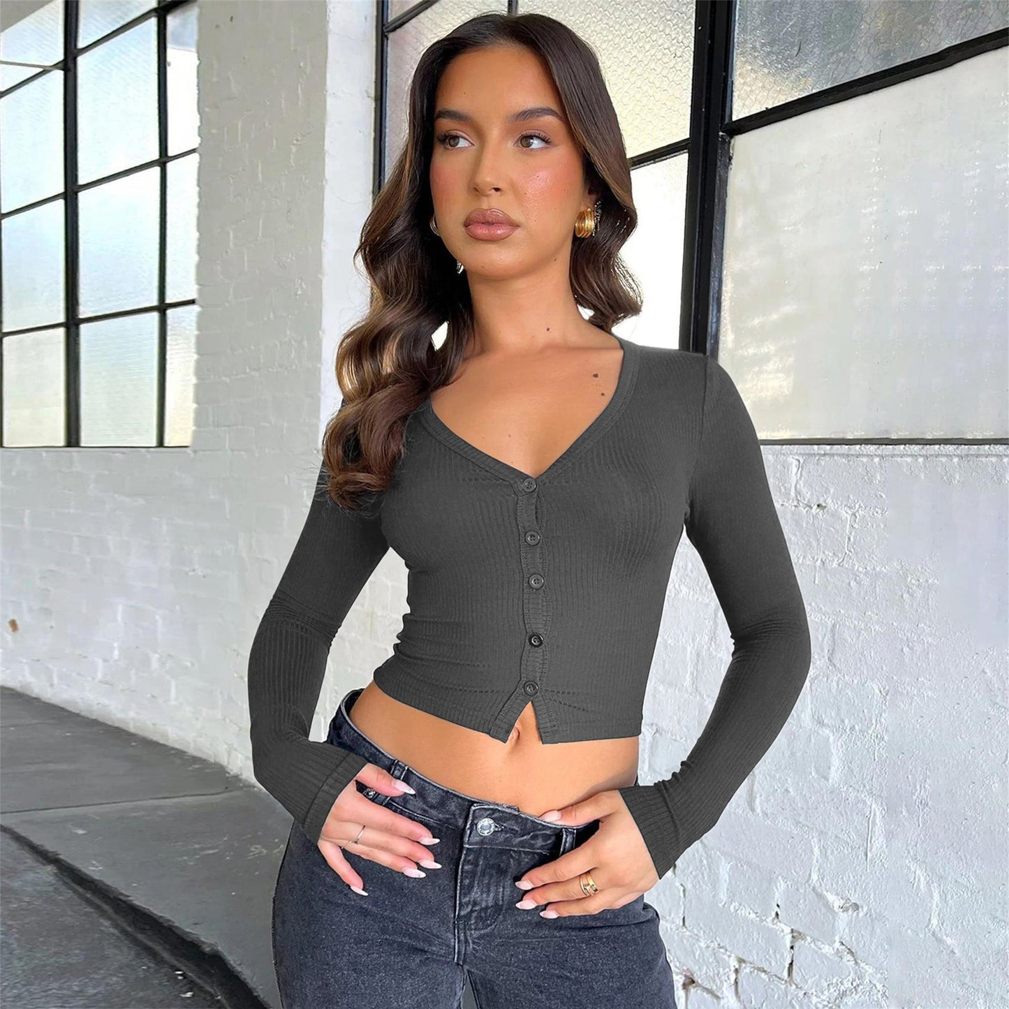 Button-Detail Ribbed Cardigan Casual V-Neck Long Sleeve Top