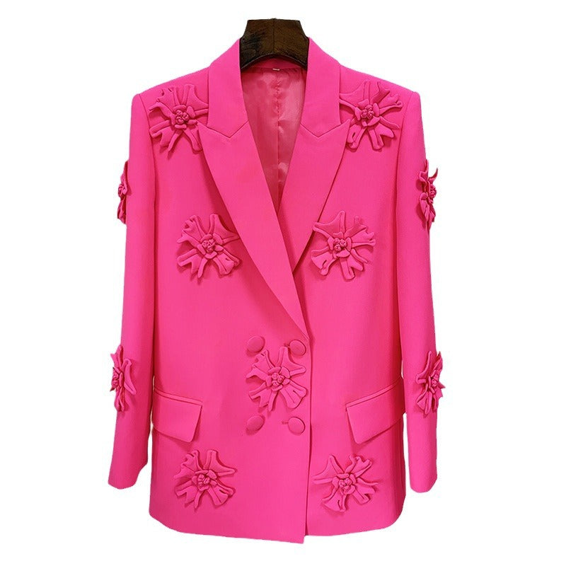 Trendy Double-Breasted Floral Embellished Blazer Style
