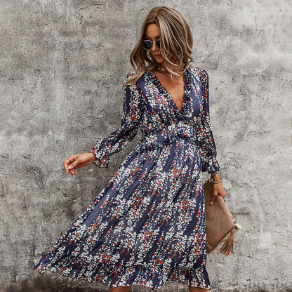 V-Neck Simple Printed Dress