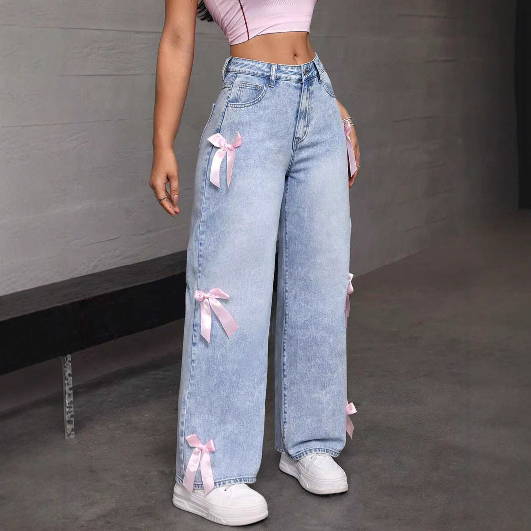 Bow Decoration Washed Street Straight Leg Jeans