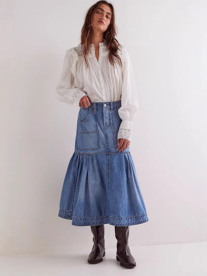 High-Waisted A-Line Denim Skirt Casual Vintage Style