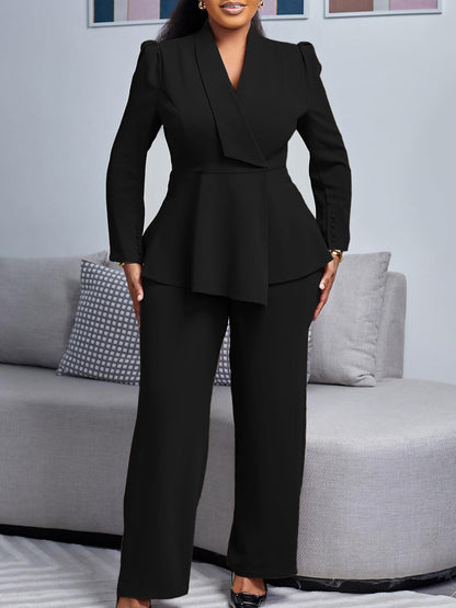 Elegant Ruffle Top And Wide Leg Pants Set For Women