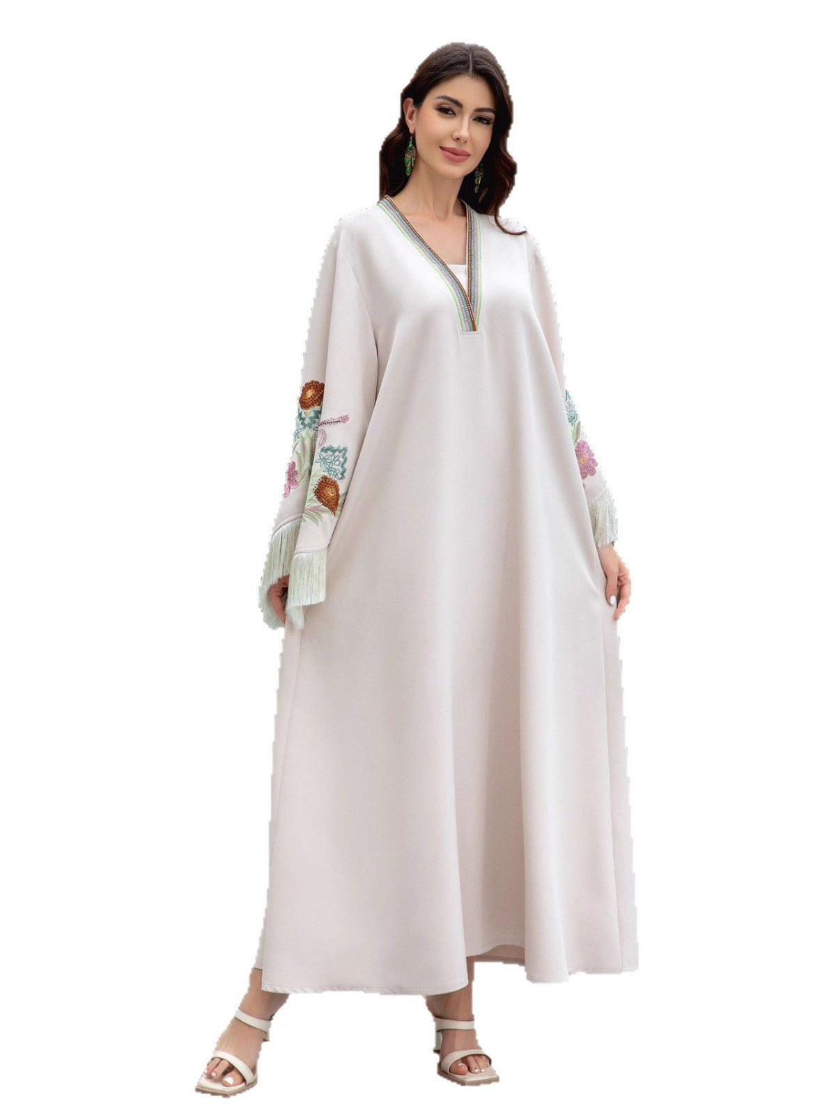 Embroidered Tassel V-Neck Abaya Dress for Women