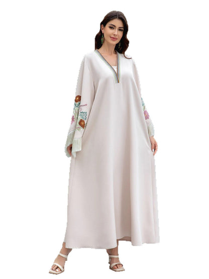Embroidered Tassel V-Neck Abaya Dress for Women