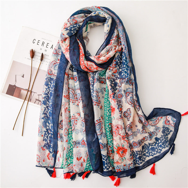 Japanese Literary And Artistic Fresh Cotton And Linen Scarf Retro Patchwork Bohemian Cashew Print Silk Scarf Beautiful Sunscreen Scarf