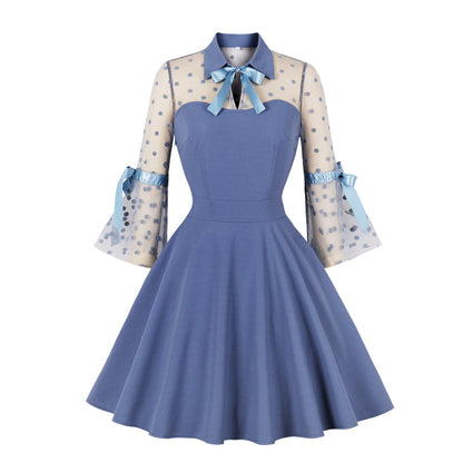 Retro Lace Panel Midi Dress with Polo Collar and Flared Sleeves