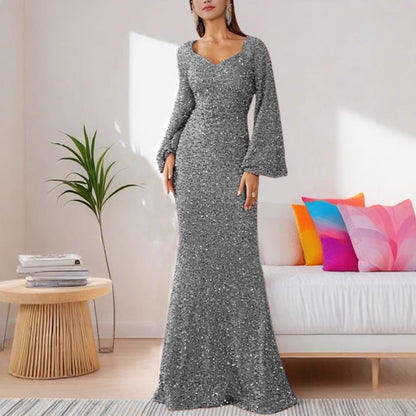 Stylish V-Neck Sequin Midi Dress with Bell Sleeves