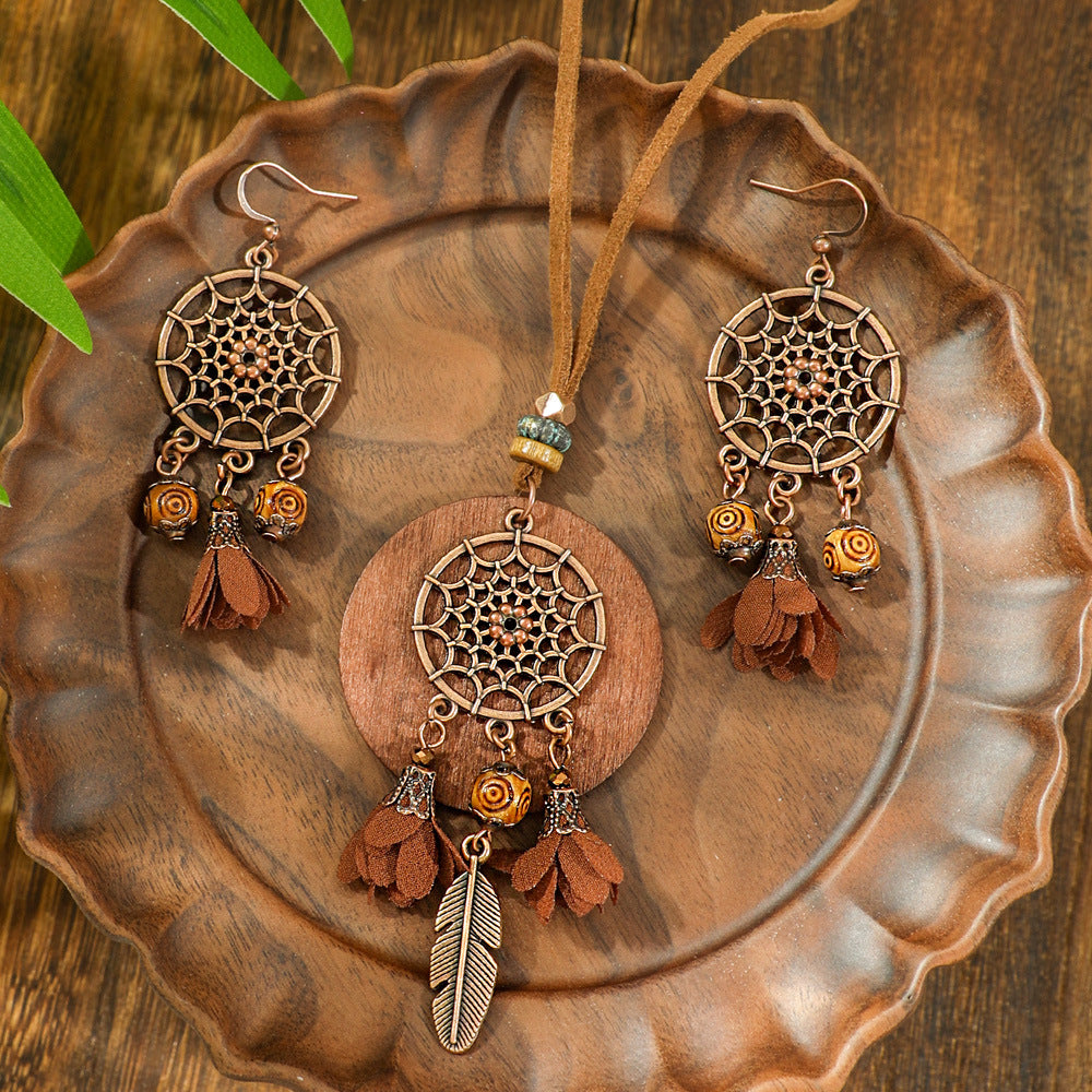 Bohemian Dreamcatcher Tassel Earrings and Wooden Necklace Set