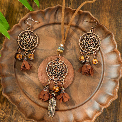 Bohemian Dreamcatcher Tassel Earrings and Wooden Necklace Set