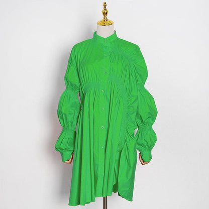 Loose Personality Fashion Pleated Stand Collar Lantern Sleeve Solid Color Irregular Dress