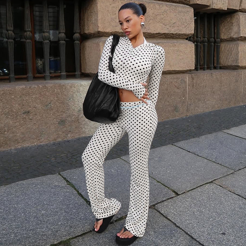 Trendy Polka Dot Hooded Cardigan and Color Block Pants Set