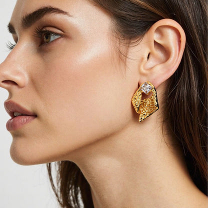 Geometric Stainless Steel Earrings with Embedded Crystal