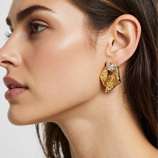 Geometric Stainless Steel Earrings with Embedded Crystal