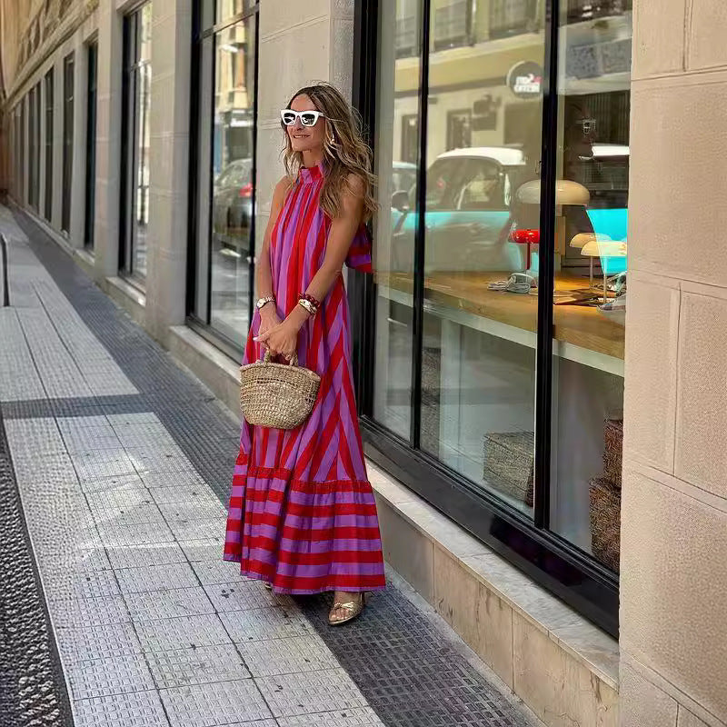 New Dress Neck Halter Striped Print Long Dress