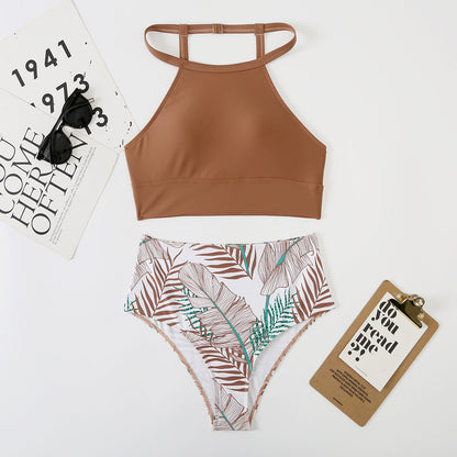 Swimsuit Women'S Split High Waist Leaf Print Solid Color Bikini