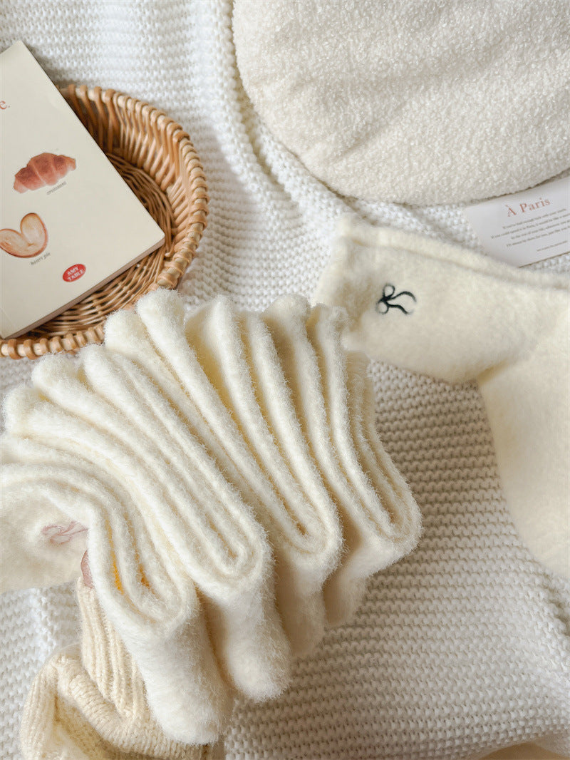 Winter Plush Solid Color Bow Embroidery Crew Socks