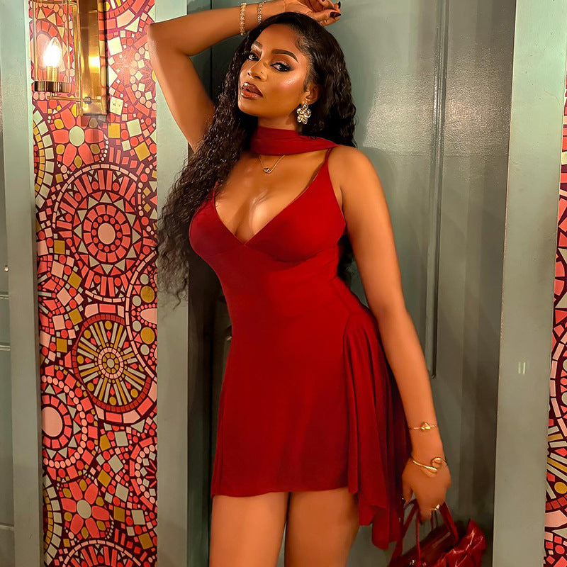 Solid Color A-Line Dress With Halter Neck And V-Neck