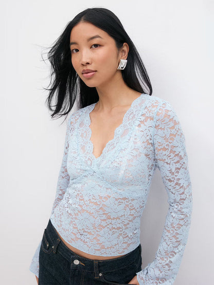 Lace V-Neck Long Sleeve Shirt Sexy Sheer Top