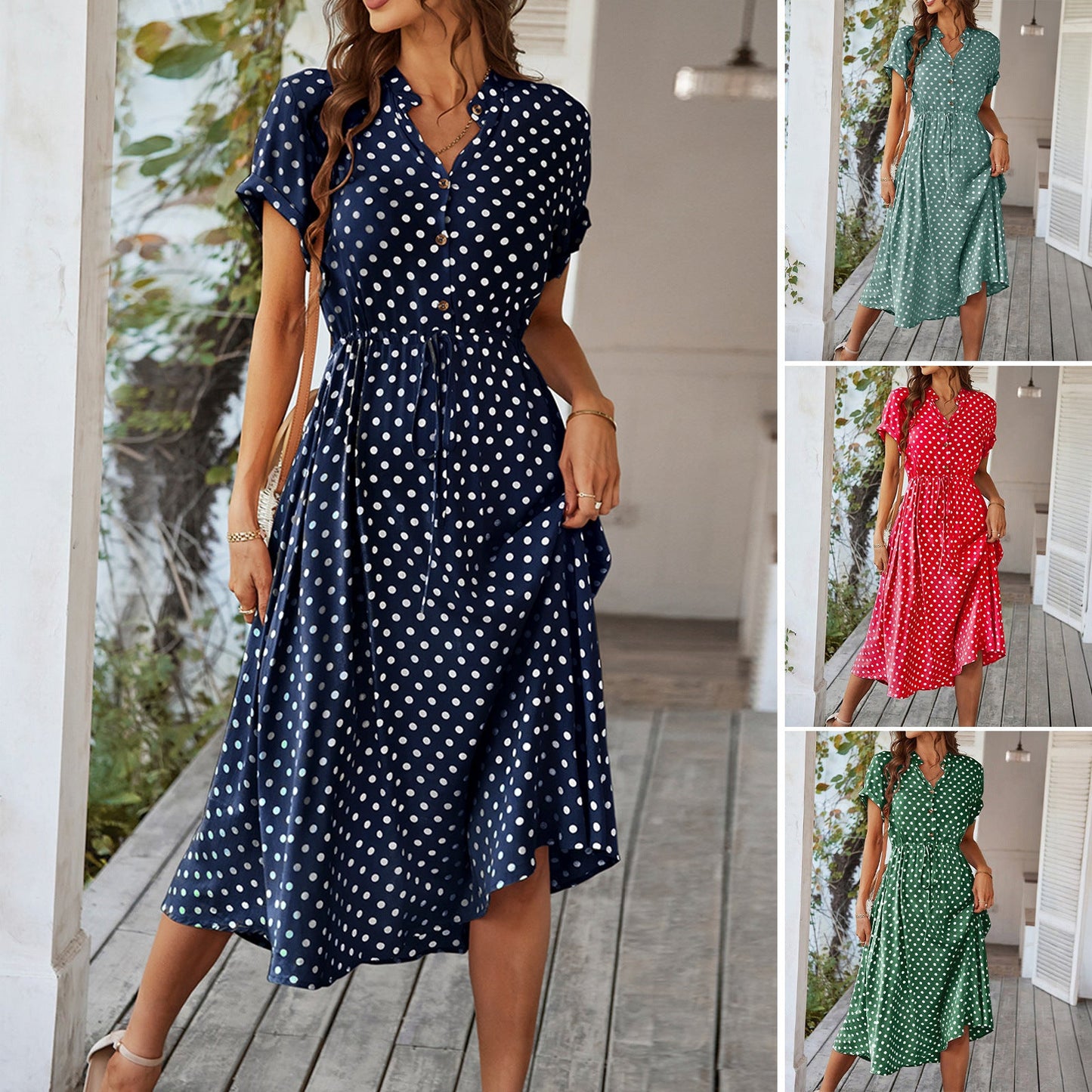 Polka Dot High-Waisted Tie Dress Casual Vacation Look