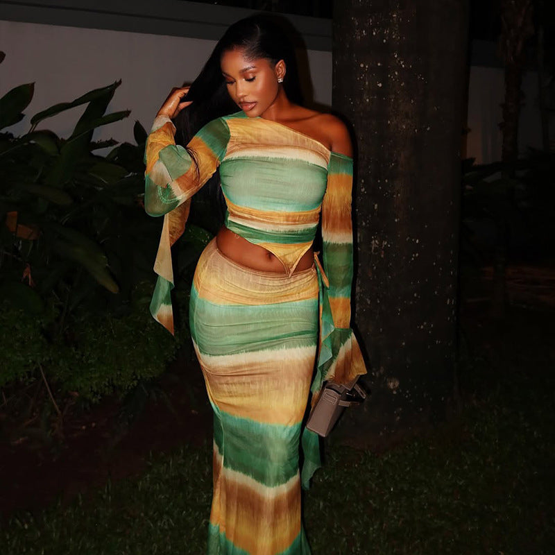 Color Block Asymmetrical Midi Dress Two-Piece Set