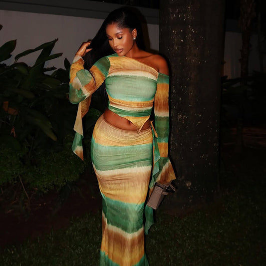 Color Block Asymmetrical Midi Dress Two-Piece Set