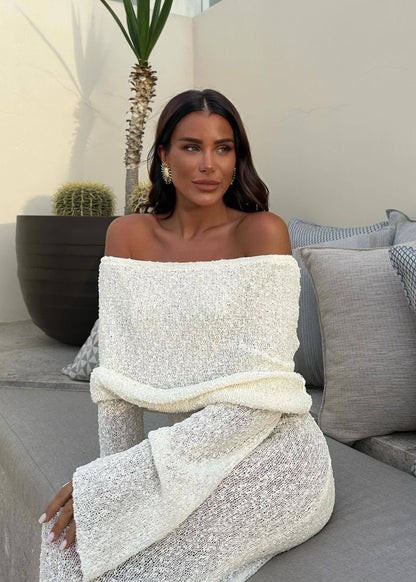 Off Shoulder Shimmer Knit Maxi Dress White