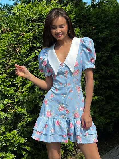French V-Neck Puff Sleeve Dress Floral Print A-Line Midi Dress