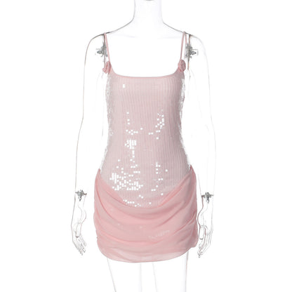 Fashionable Sequin Sleeveless Bodycon Dress with Mesh Details