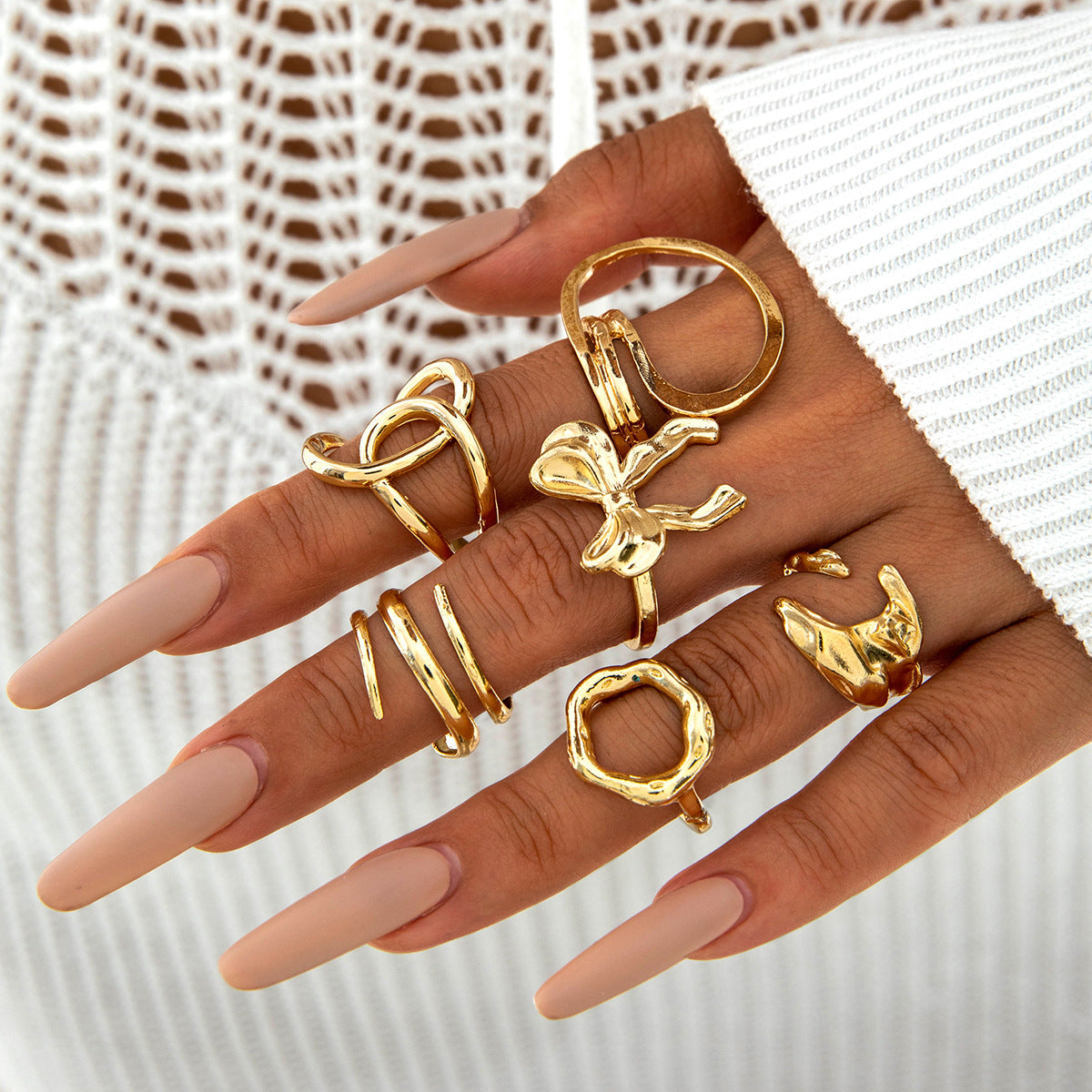 Geometric Hollow Statement Ring Set Stylish Mixed Metal Rings