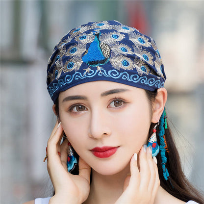 National Style Embroidered Thin Cotton And Linen Hat Women'S Hat Peacock Embroidered Hat Tie Scarf Hat