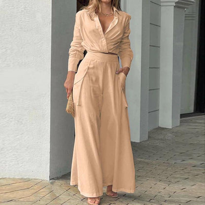 Casual Wide-Leg Pants Set with Pockets in Solid Colors